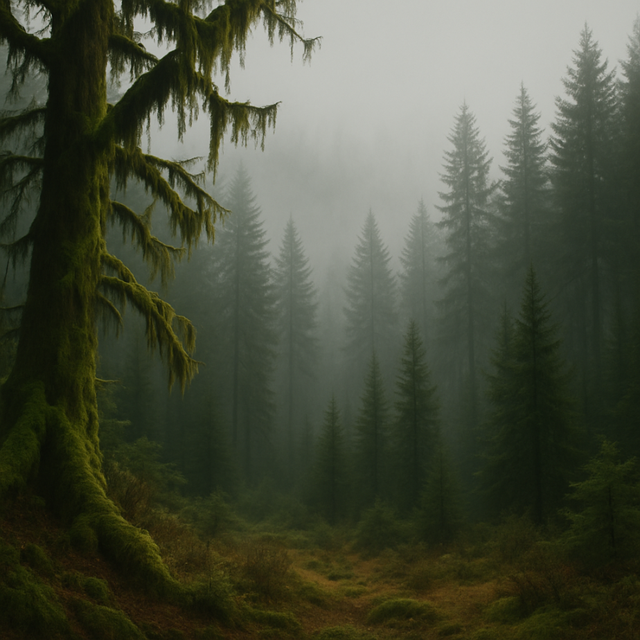 Misty forest with tall trees and a thick fog