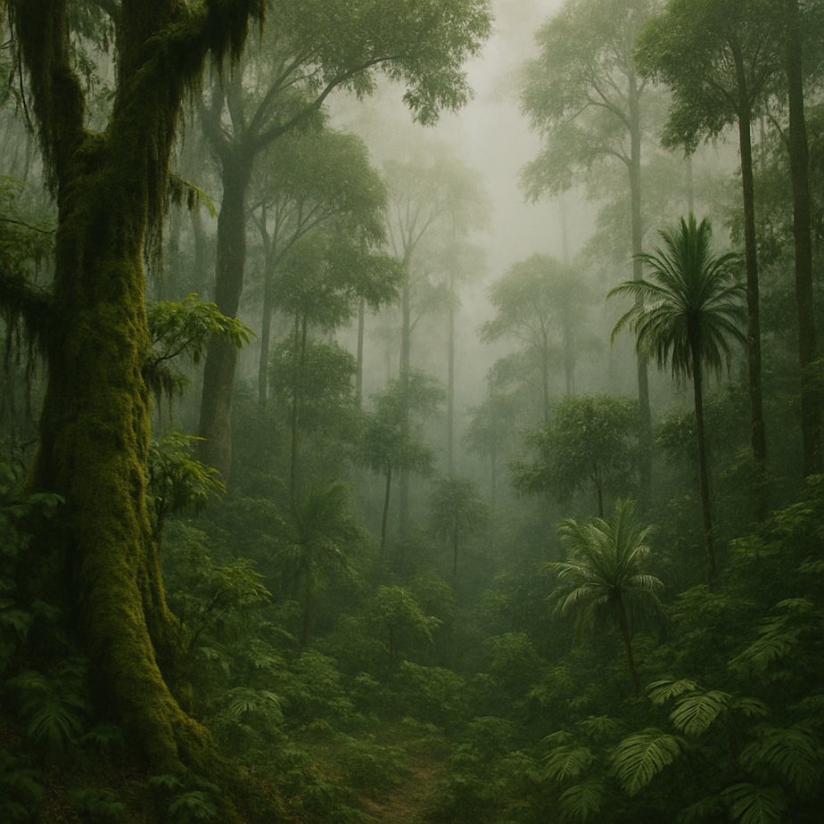 Misty tropical forest with tall trees and dense undergrowth